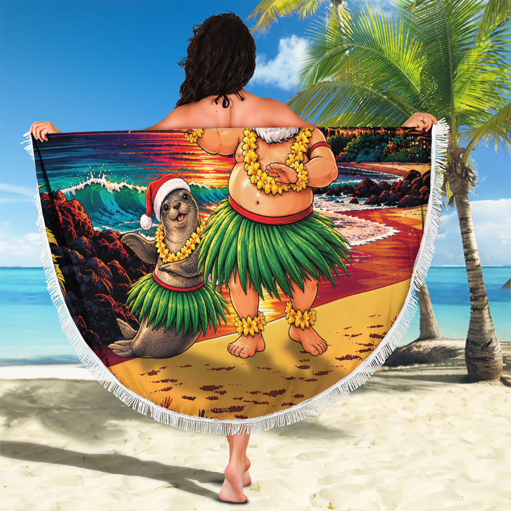 Hawaii Volcano Christmas Beach Blanket Hula Santa And Monk Seal