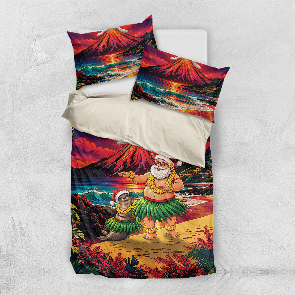 Hawaii Volcano Christmas Bedding Set Hula Santa And Monk Seal LT05 US Twin 172cm x 218cm Multicolor - Polynesian Pride