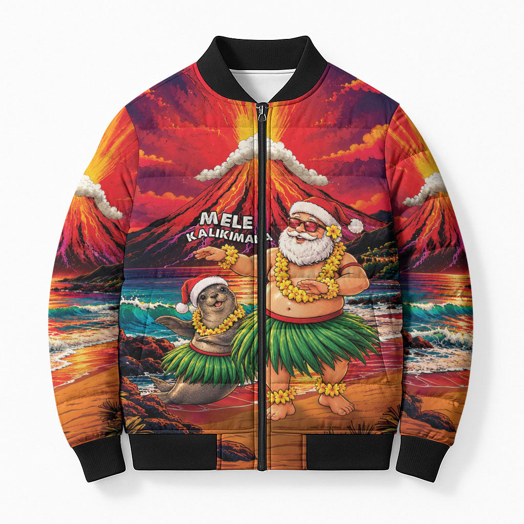 Hawaii Volcano Christmas Bomber Puffer Jacket Hula Santa And Monk Seal