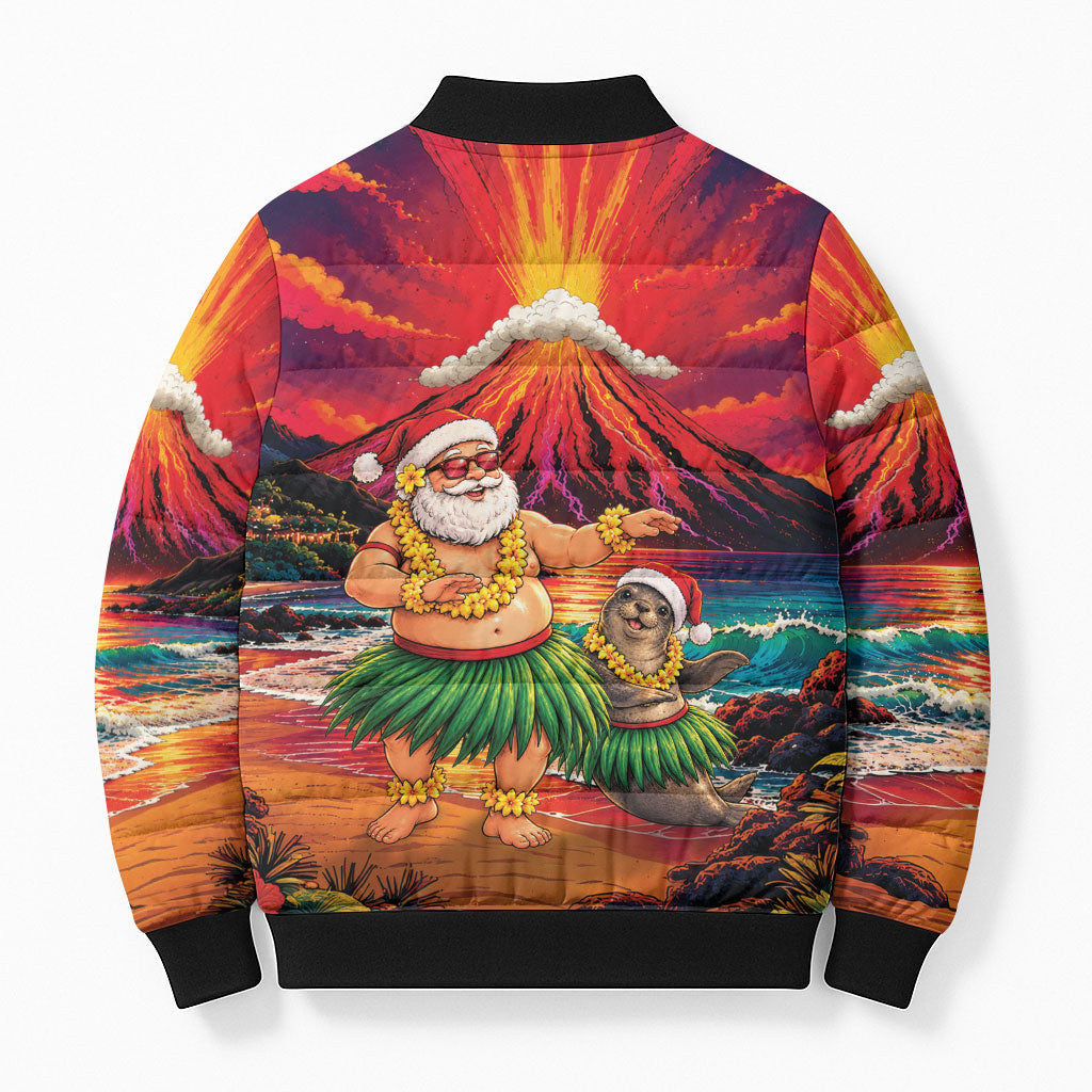 Hawaii Volcano Christmas Bomber Puffer Jacket Hula Santa And Monk Seal