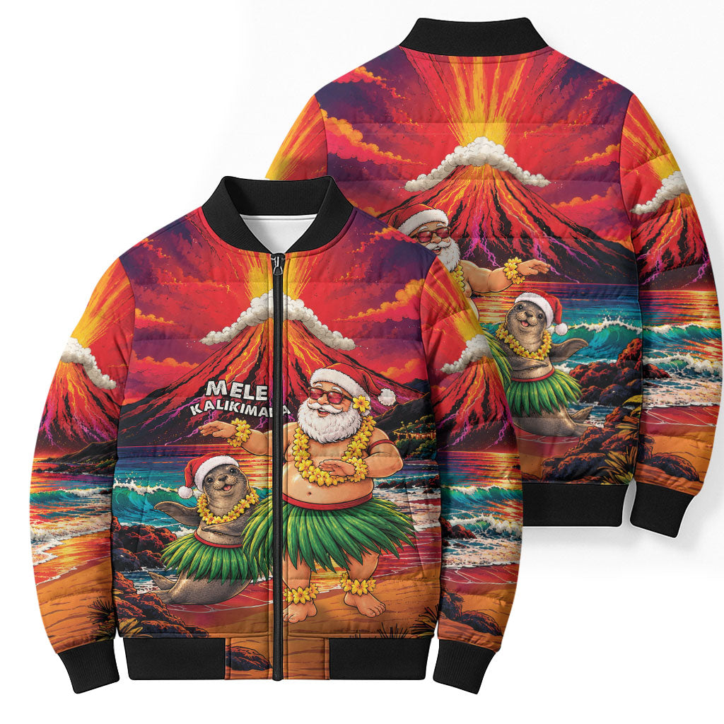 Hawaii Volcano Christmas Bomber Puffer Jacket Hula Santa And Monk Seal