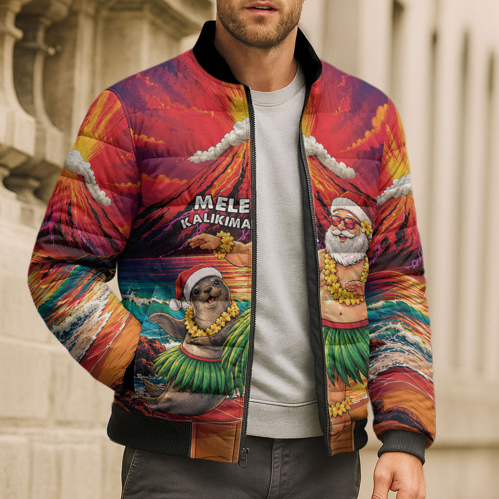 Hawaii Volcano Christmas Bomber Puffer Jacket Hula Santa And Monk Seal