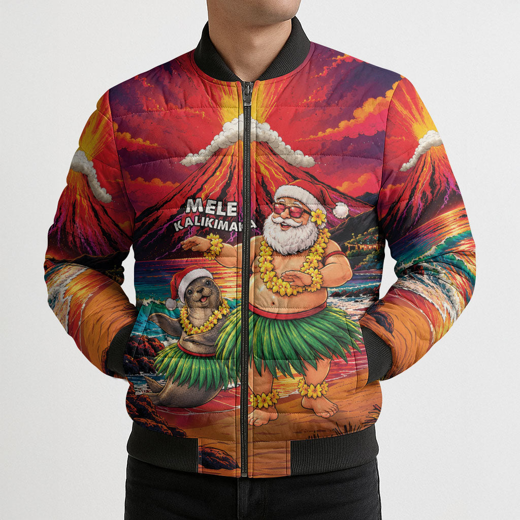 Hawaii Volcano Christmas Bomber Puffer Jacket Hula Santa And Monk Seal