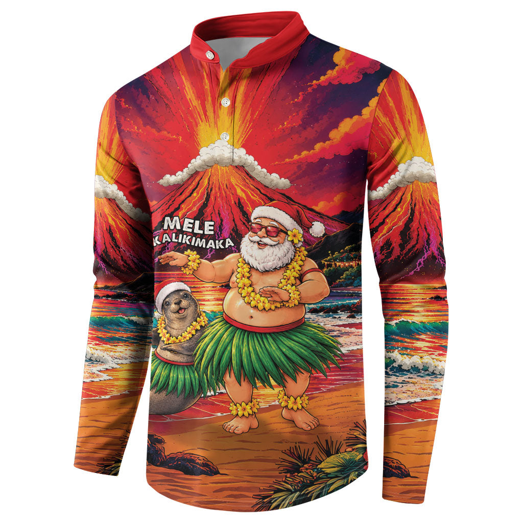 Hawaii Volcano Christmas Button Sweatshirt Hula Santa And Monk Seal LT05 - Polynesian Pride