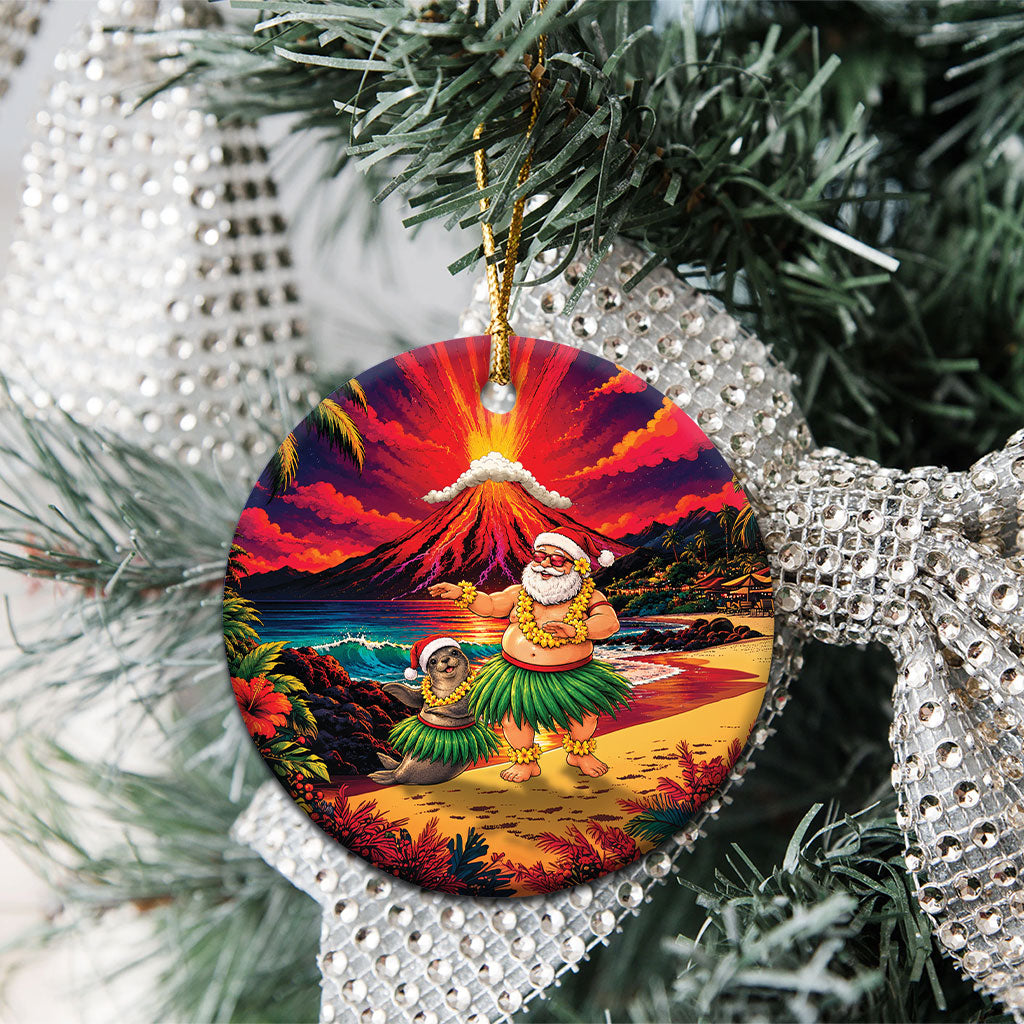Hawaii Volcano Christmas Ceramic Ornament Hula Santa And Monk Seal