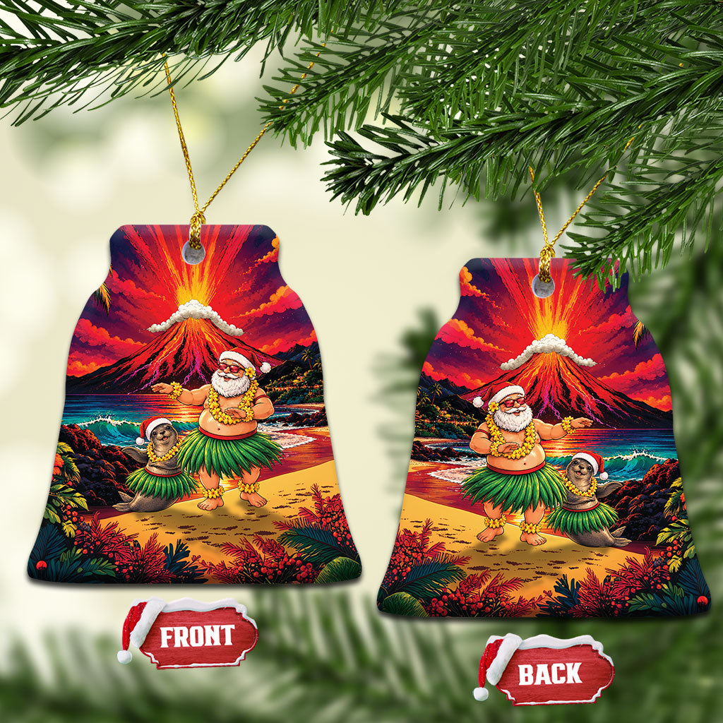 Hawaii Volcano Christmas Ceramic Ornament Hula Santa And Monk Seal