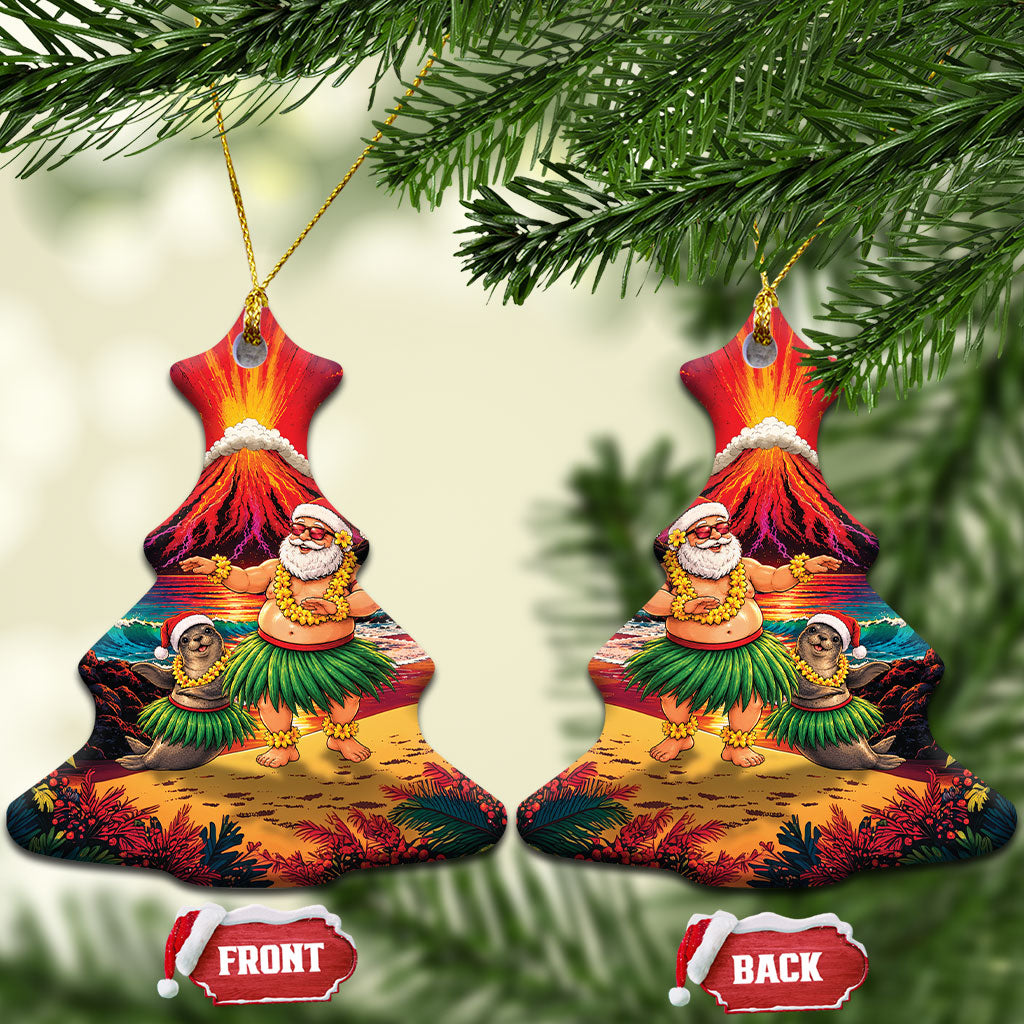 Hawaii Volcano Christmas Ceramic Ornament Hula Santa And Monk Seal