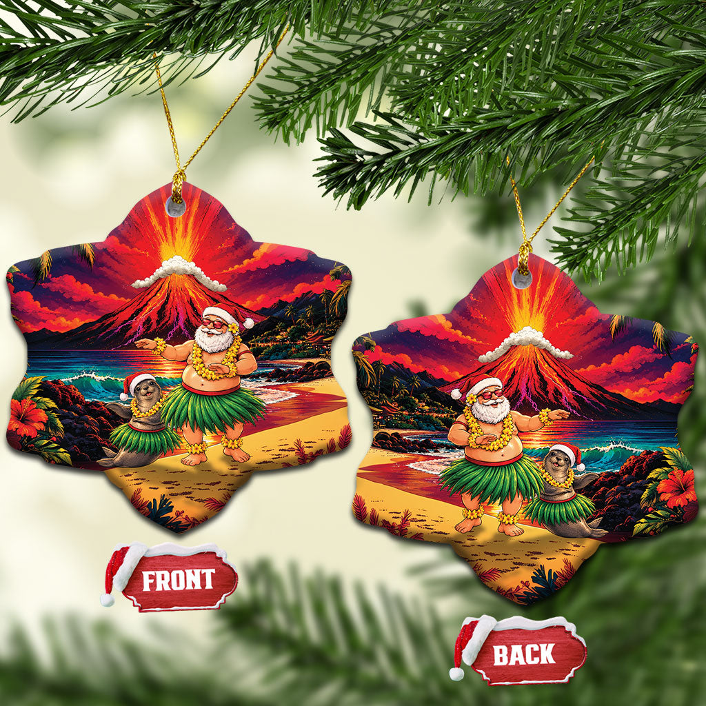 Hawaii Volcano Christmas Ceramic Ornament Hula Santa And Monk Seal