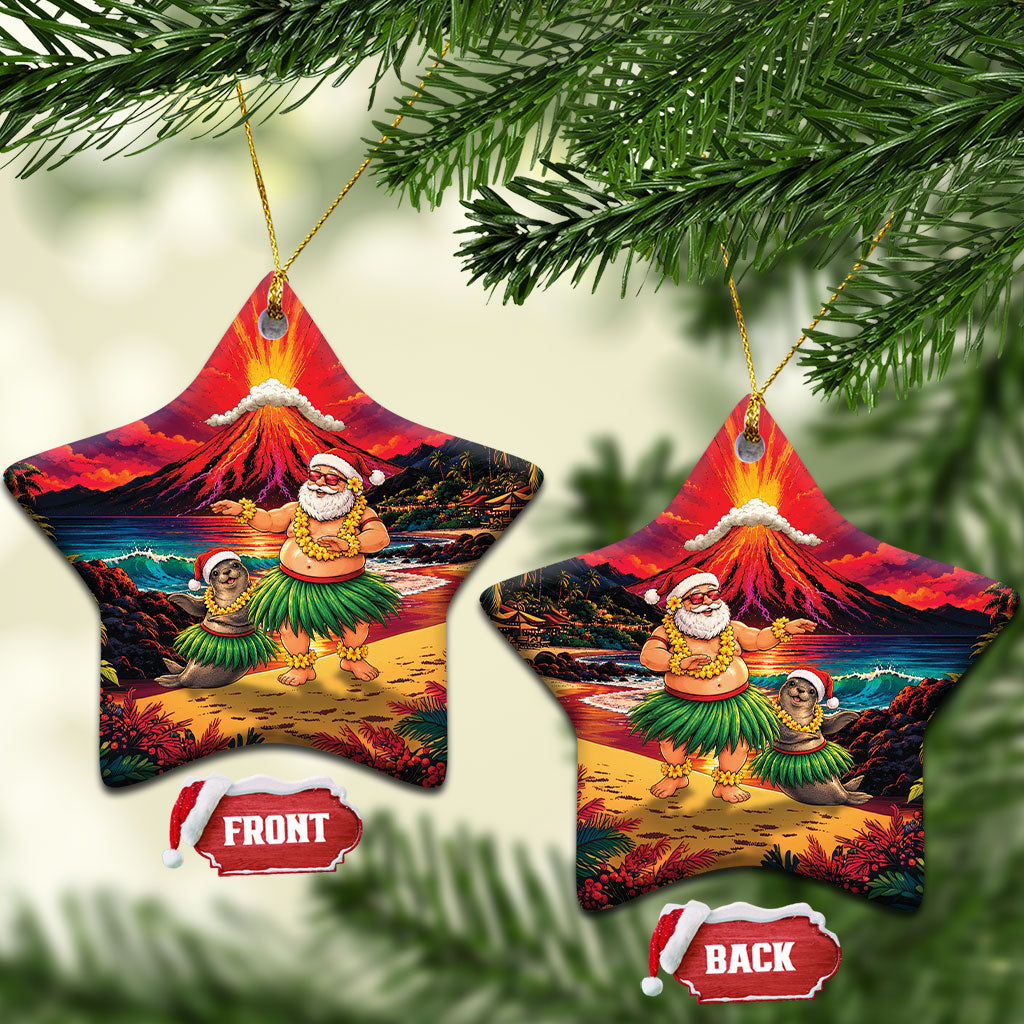 Hawaii Volcano Christmas Ceramic Ornament Hula Santa And Monk Seal