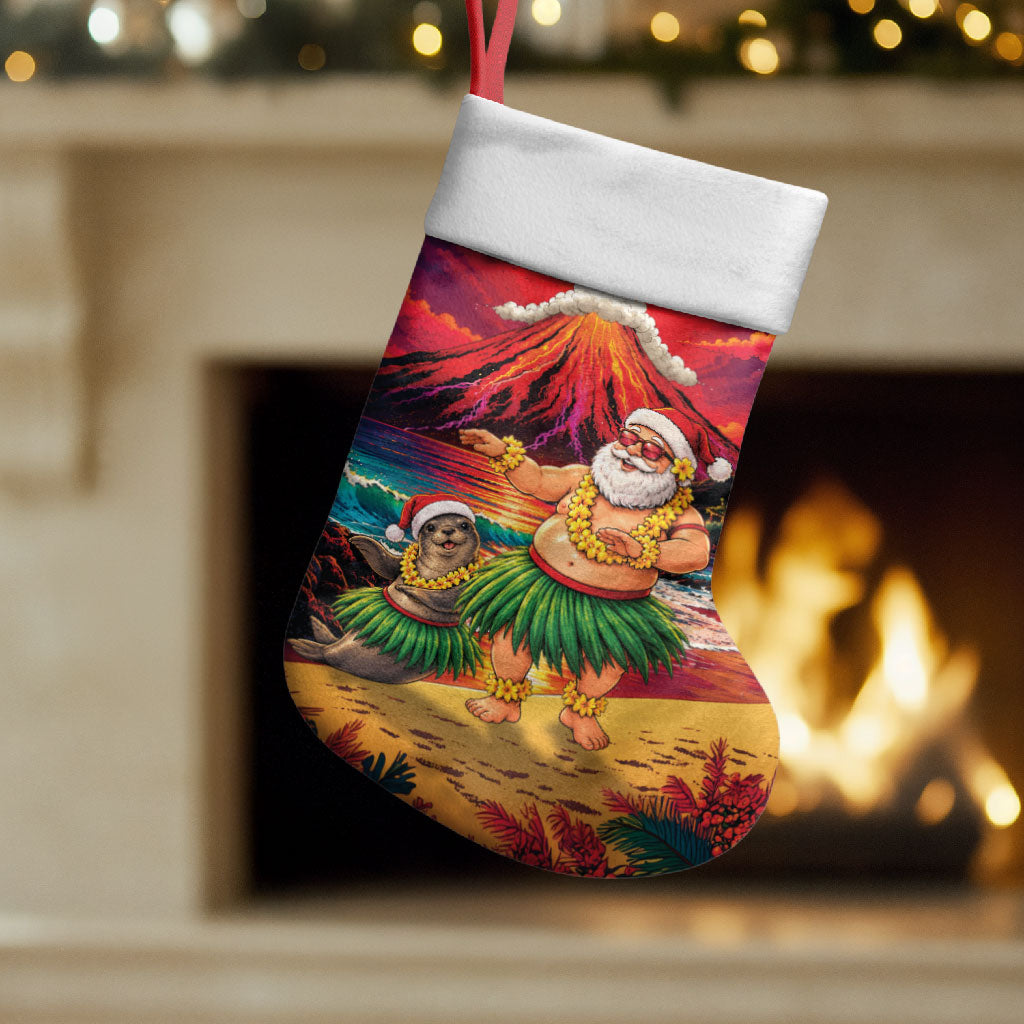 Hawaii Volcano Christmas Stocking Hula Santa And Monk Seal LT05 Set of 2 Multicolor - Polynesian Pride