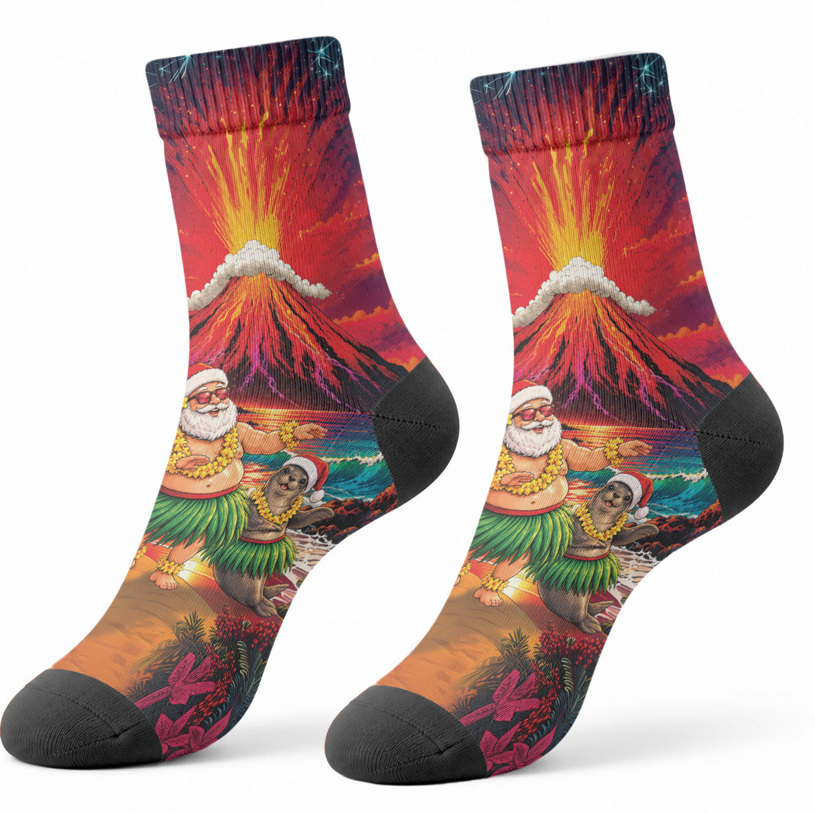 Hawaii Volcano Christmas Crew Socks Hula Santa And Monk Seal LT05 - Polynesian Pride