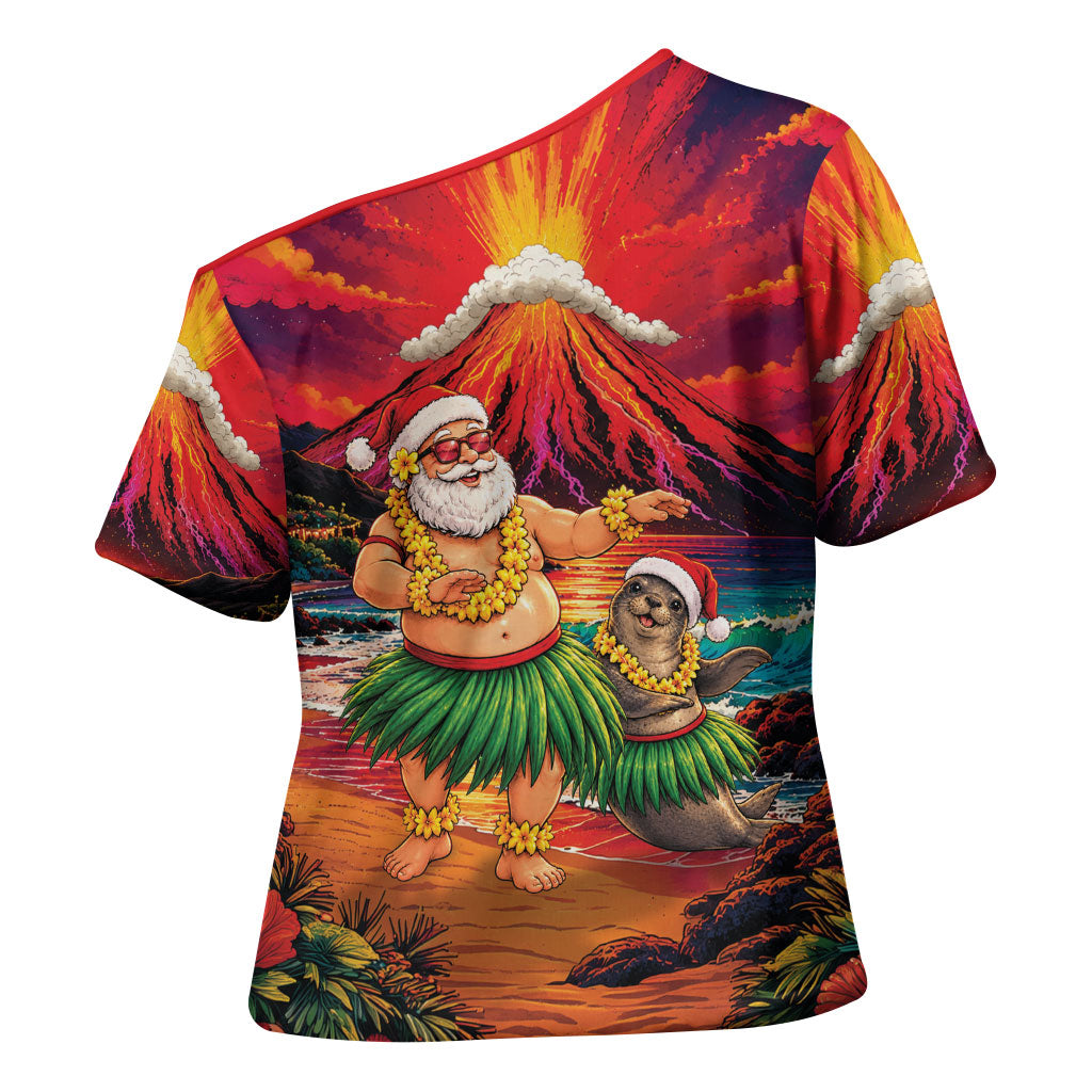 Hawaii Volcano Christmas Cross Shoulder Shirt Hula Santa And Monk Seal LT05 - Polynesian Pride