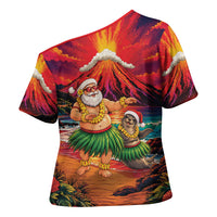Hawaii Volcano Christmas Cross Shoulder Shirt Hula Santa And Monk Seal LT05 - Polynesian Pride