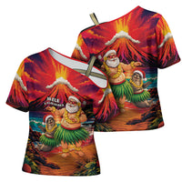 Hawaii Volcano Christmas Cross Shoulder Shirt Hula Santa And Monk Seal LT05 - Polynesian Pride