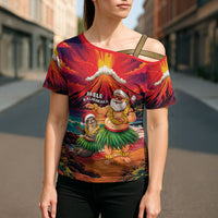 Hawaii Volcano Christmas Cross Shoulder Shirt Hula Santa And Monk Seal LT05 - Polynesian Pride