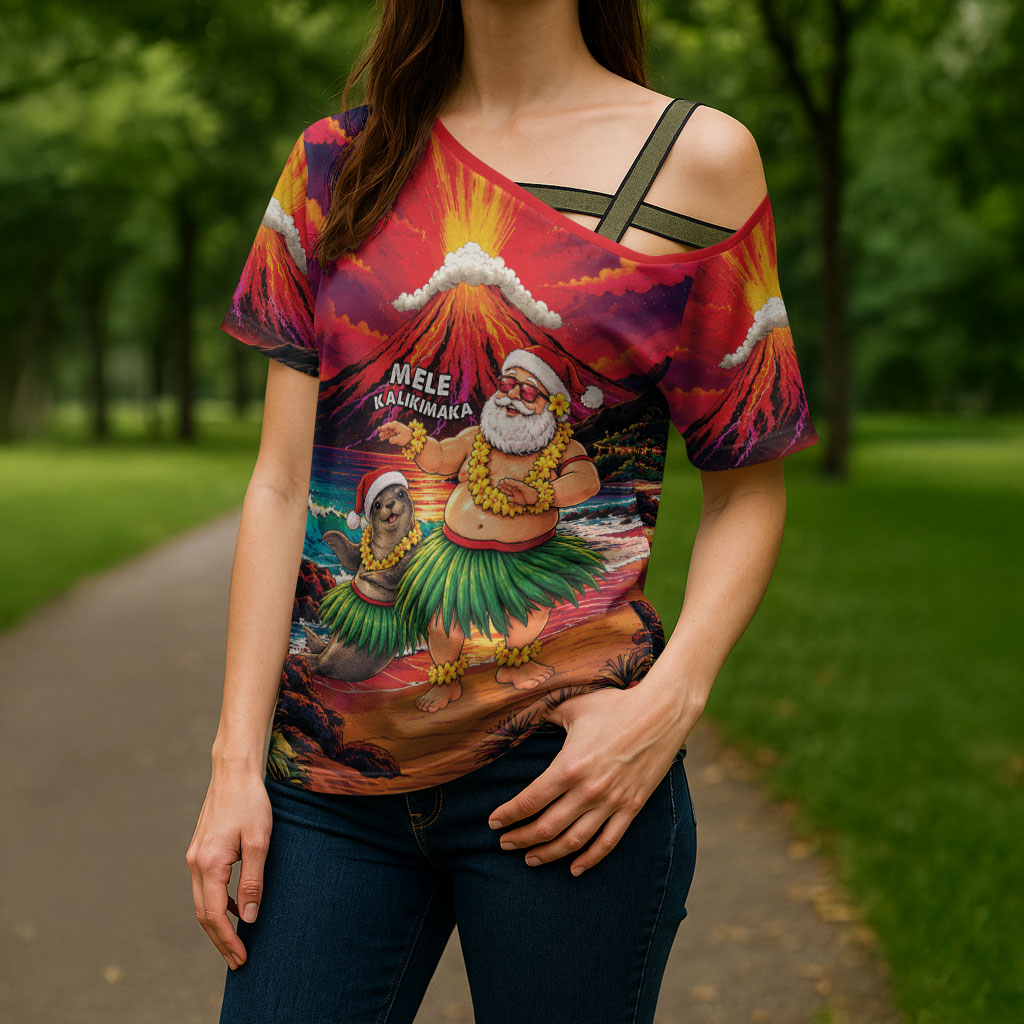 Hawaii Volcano Christmas Cross Shoulder Shirt Hula Santa And Monk Seal LT05 - Polynesian Pride