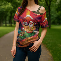 Hawaii Volcano Christmas Cross Shoulder Shirt Hula Santa And Monk Seal LT05 - Polynesian Pride