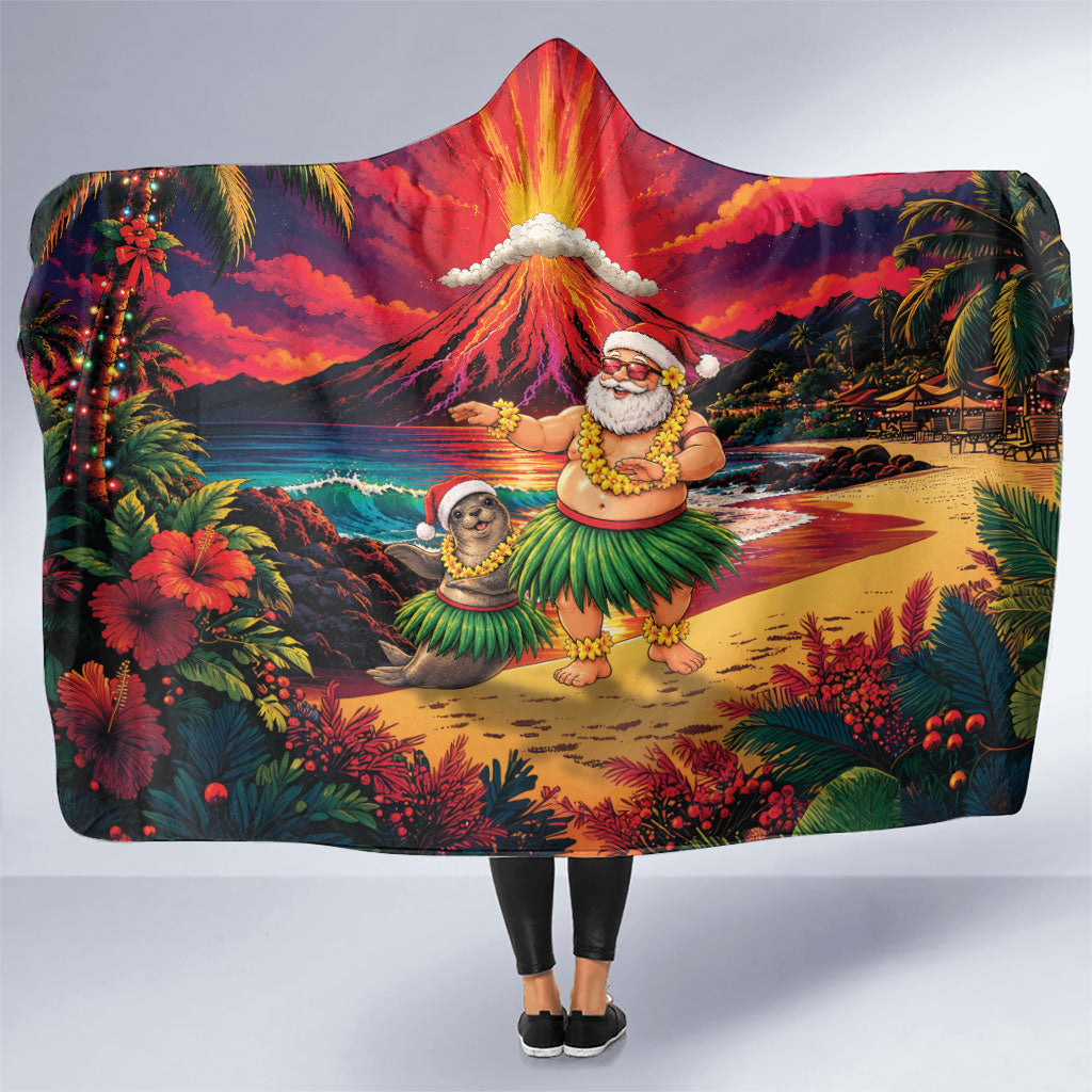 Hawaii Volcano Christmas Hooded Blanket Hula Santa And Monk Seal LT05 One Size Multicolor - Polynesian Pride