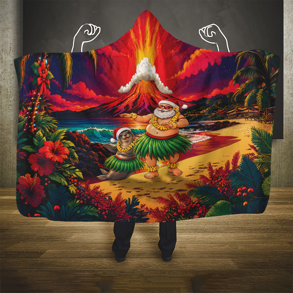 Hawaii Volcano Christmas Hooded Blanket Hula Santa And Monk Seal LT05 - Polynesian Pride