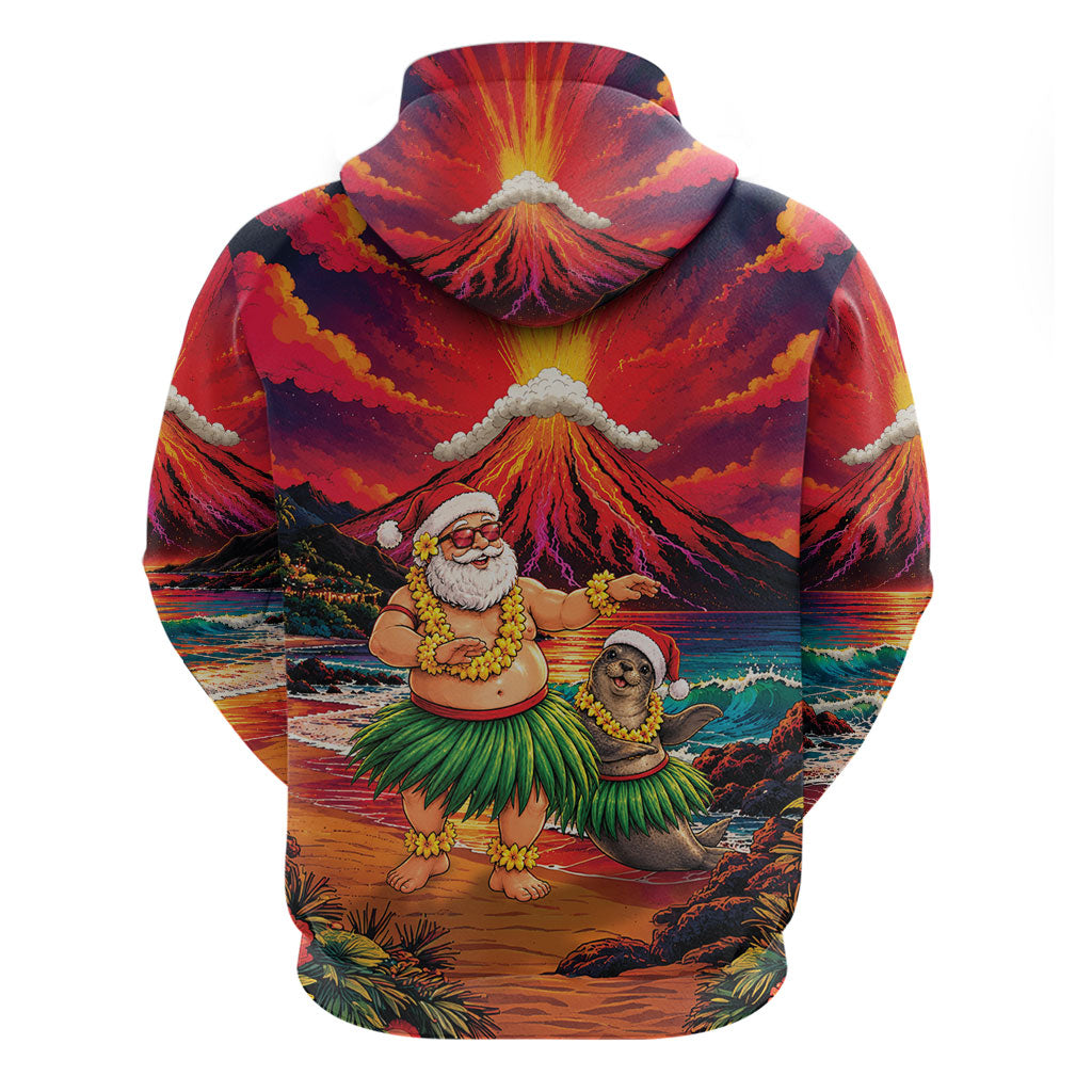 Hawaii Volcano Christmas Hoodie Hula Santa And Monk Seal LT05 - Polynesian Pride
