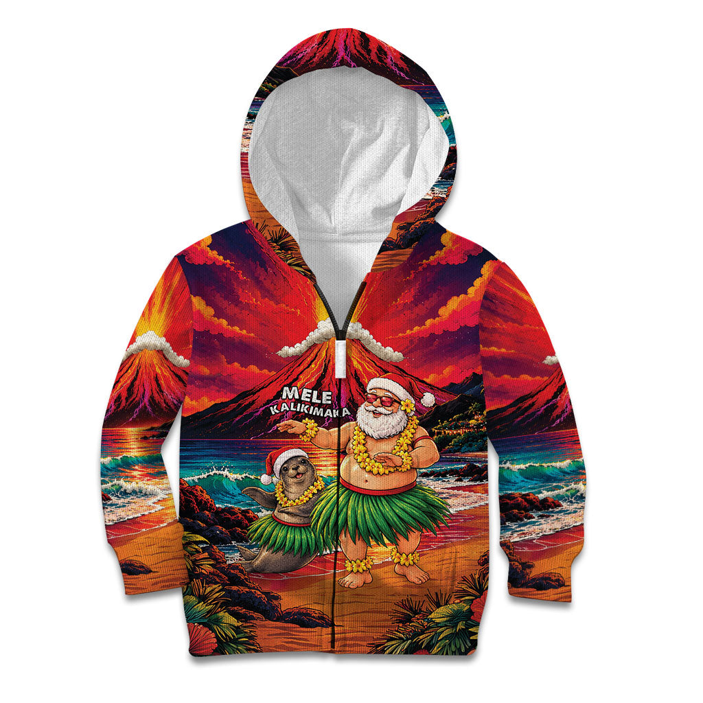 Hawaii Volcano Christmas Kid Hoodie Hula Santa And Monk Seal LT05 Zip Hoodie Multicolor - Polynesian Pride