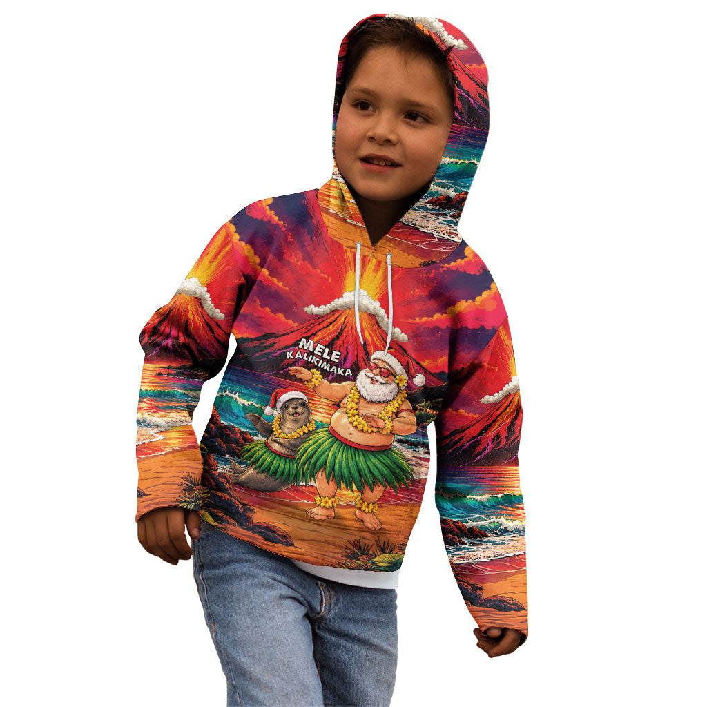 Hawaii Volcano Christmas Kid Hoodie Hula Santa And Monk Seal LT05 - Polynesian Pride