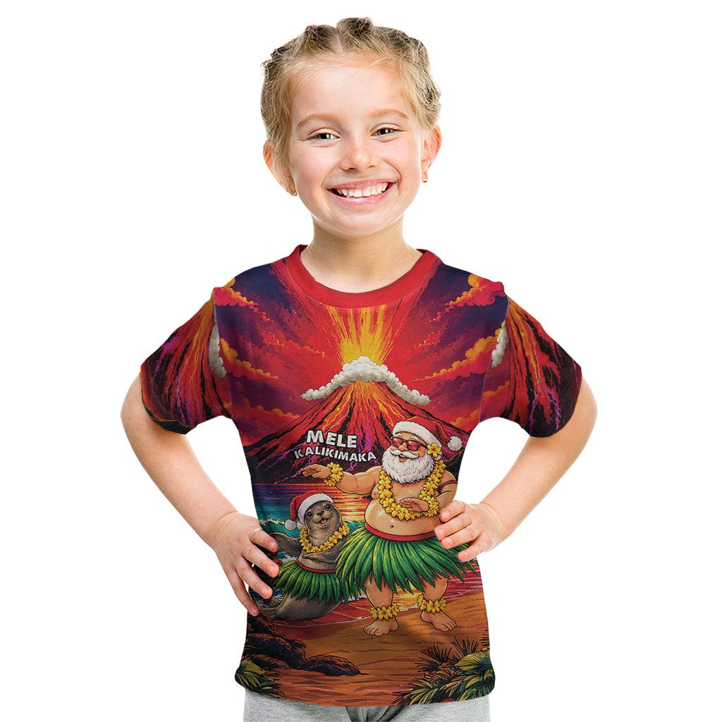 Hawaii Volcano Christmas Kid T Shirt Hula Santa And Monk Seal LT05 Multicolor - Polynesian Pride