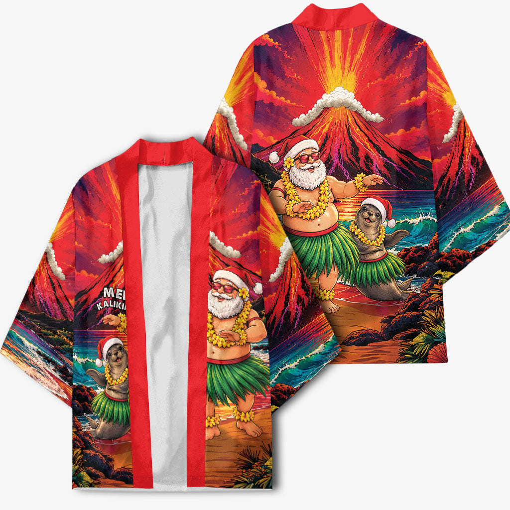 Hawaii Volcano Christmas Kimono Hula Santa And Monk Seal