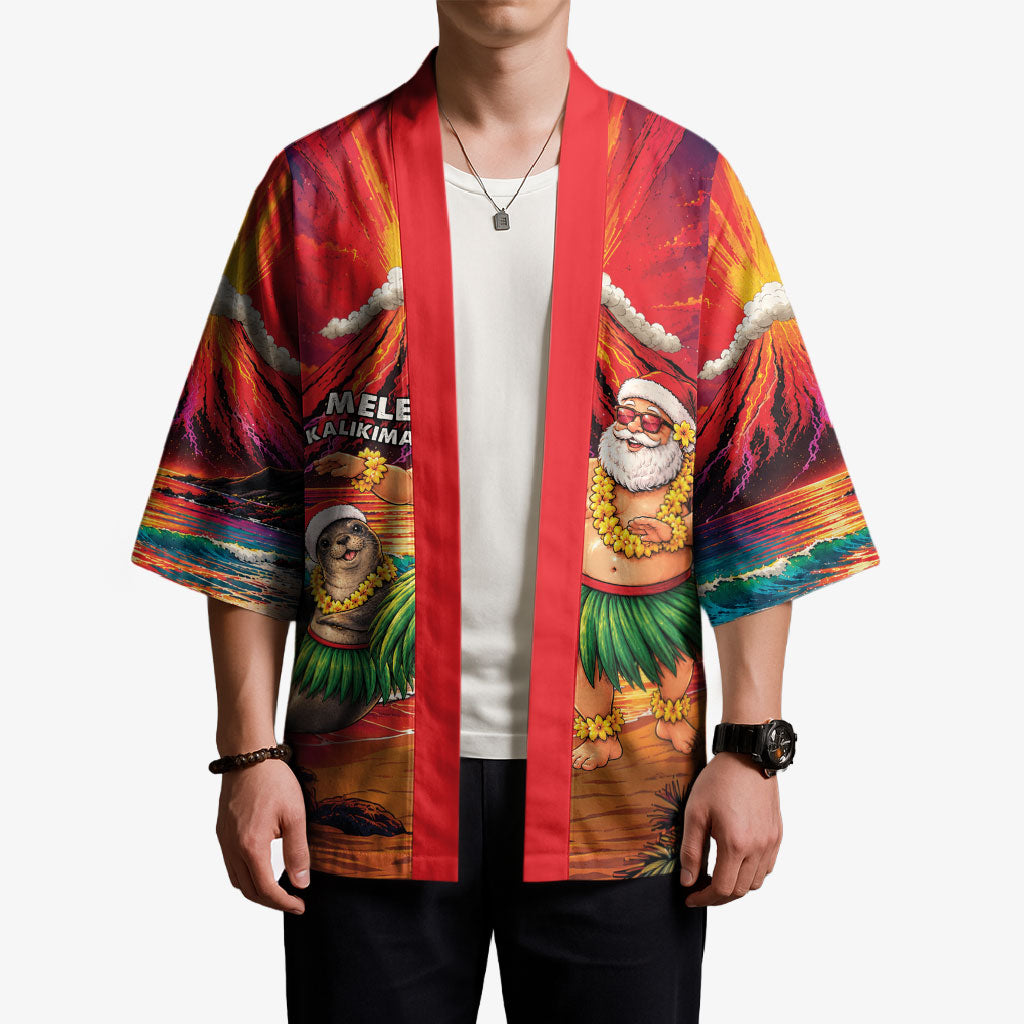 Hawaii Volcano Christmas Kimono Hula Santa And Monk Seal