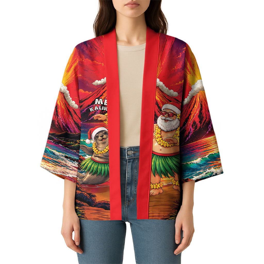 Hawaii Volcano Christmas Kimono Hula Santa And Monk Seal