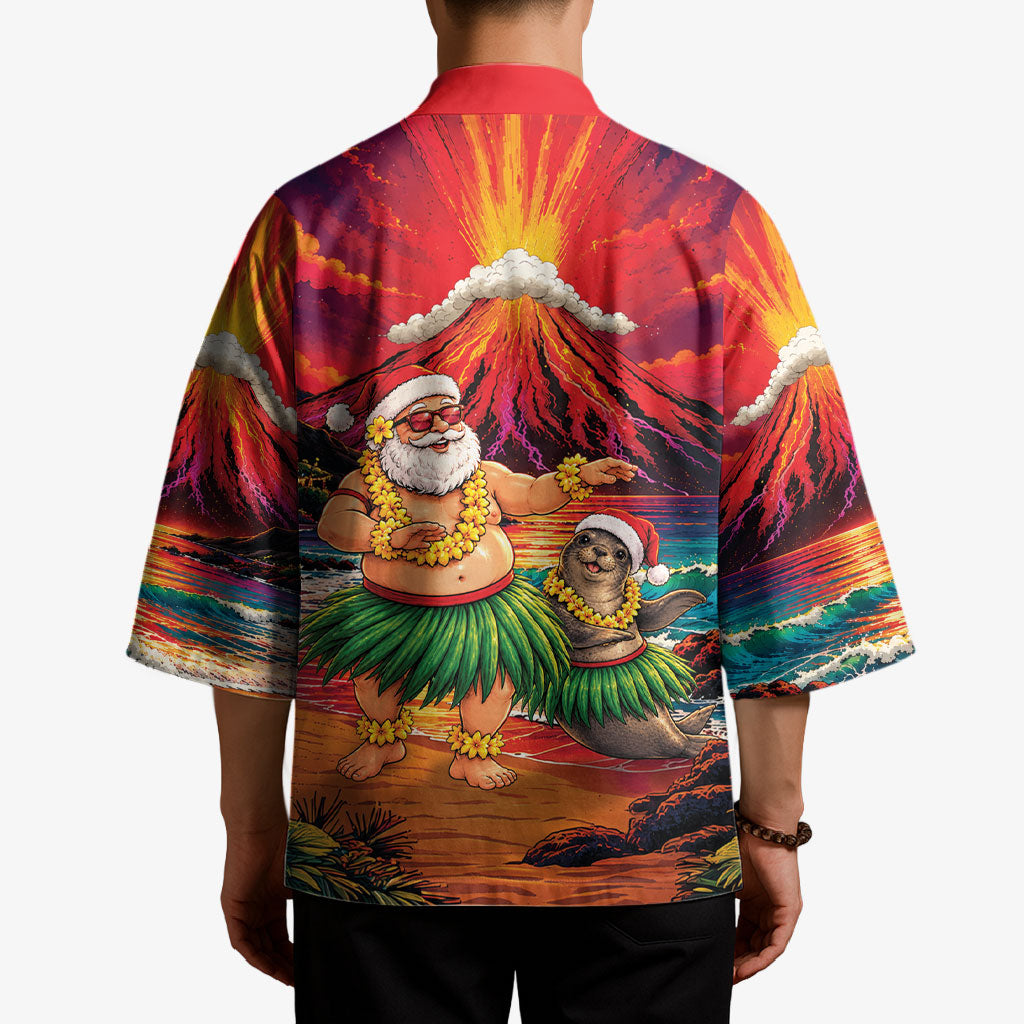 Hawaii Volcano Christmas Kimono Hula Santa And Monk Seal