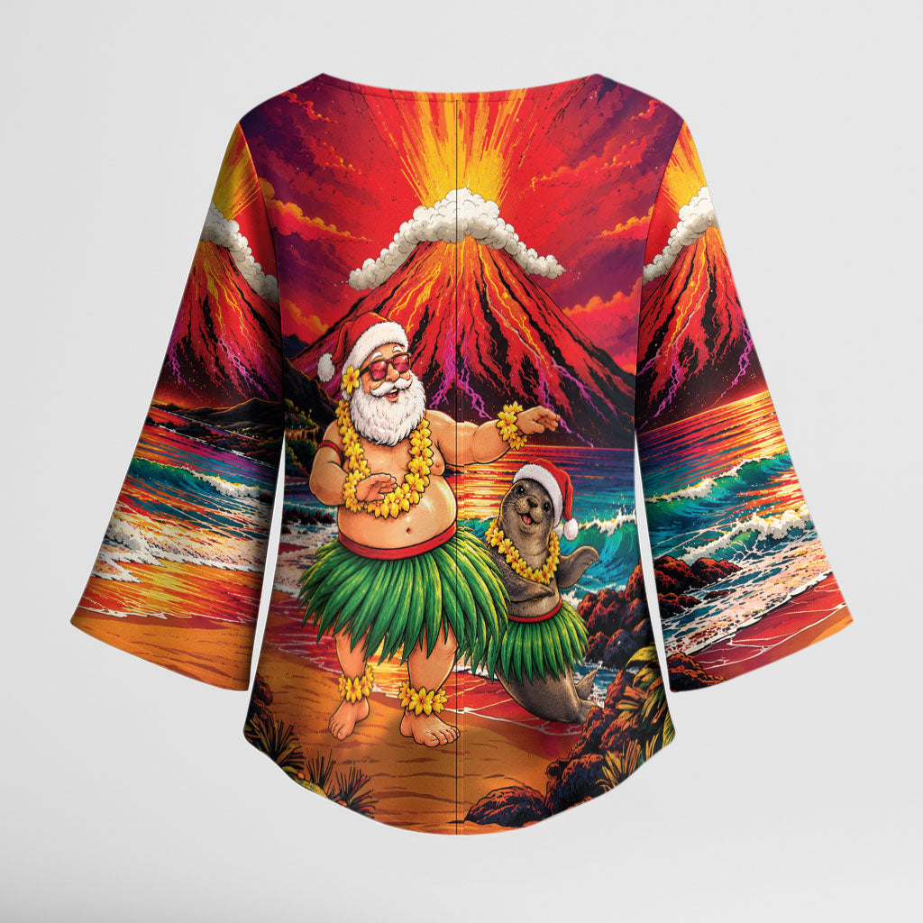 Hawaii Volcano Christmas Kimono Sleeve Blouse Hula Santa And Monk Seal LT05 - Polynesian Pride