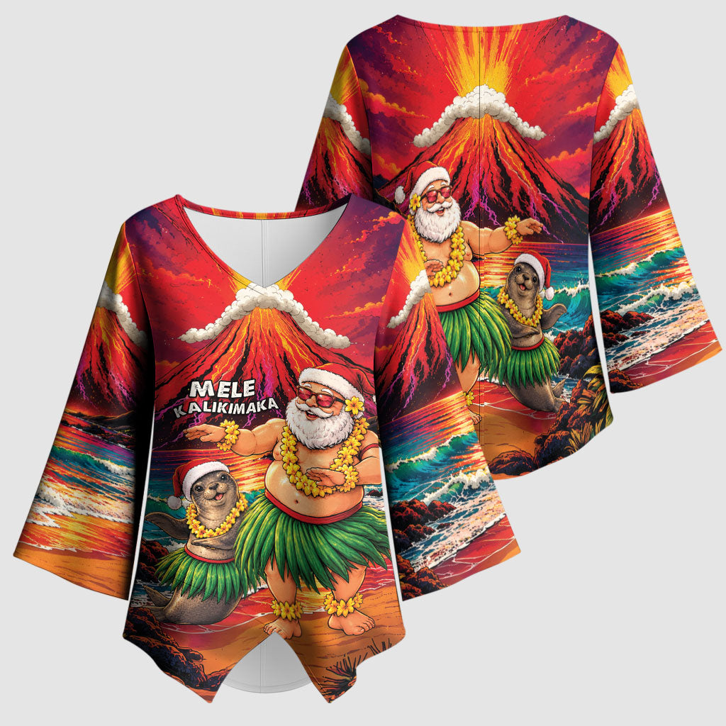 Hawaii Volcano Christmas Kimono Sleeve Blouse Hula Santa And Monk Seal LT05 - Polynesian Pride