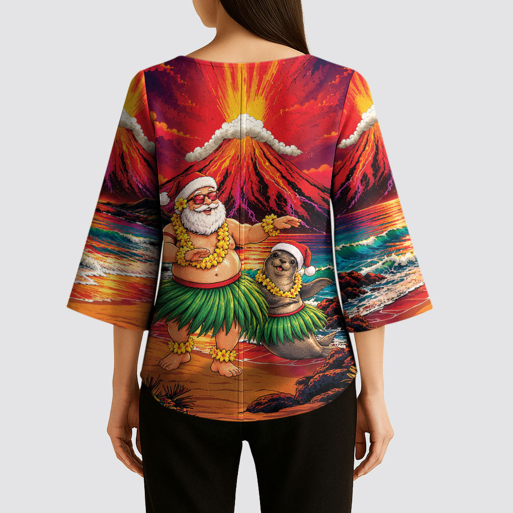 Hawaii Volcano Christmas Kimono Sleeve Blouse Hula Santa And Monk Seal LT05 - Polynesian Pride