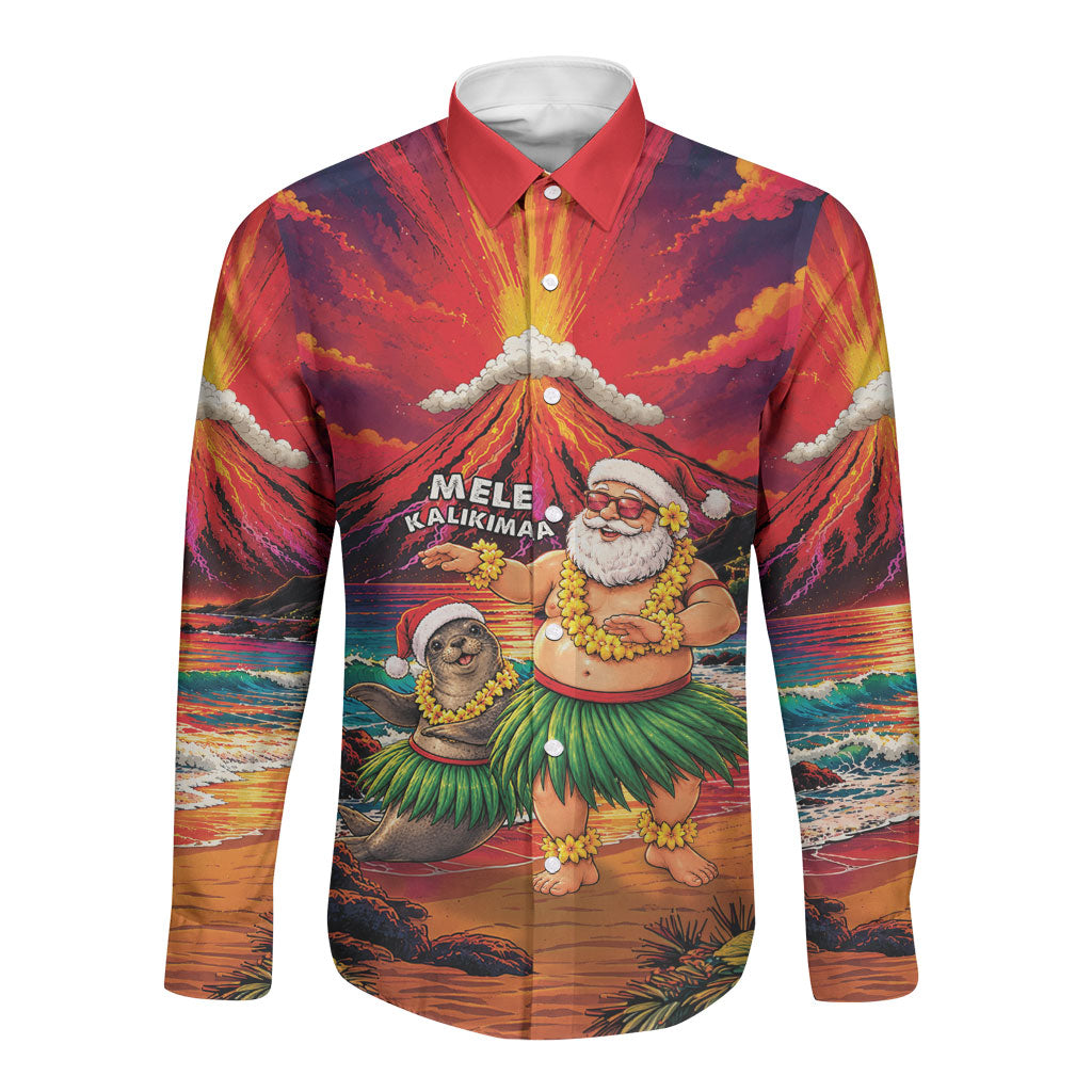 Hawaii Volcano Christmas Long Sleeve Button Shirt Hula Santa And Monk Seal LT05 Unisex Multicolor - Polynesian Pride