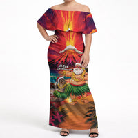 Hawaii Volcano Christmas Off Shoulder Maxi Dress Hula Santa And Monk Seal LT05 Women Multicolor - Polynesian Pride