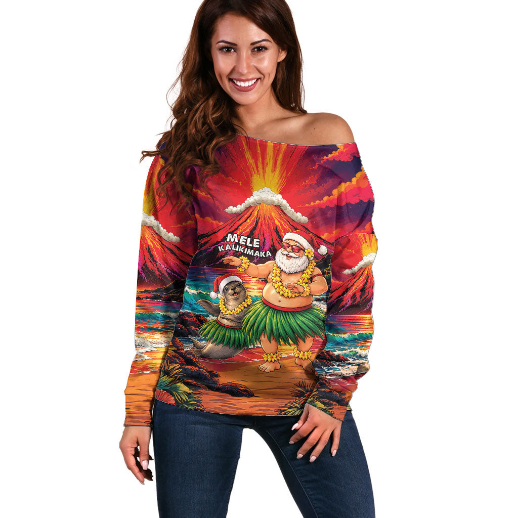 Hawaii Volcano Christmas Off Shoulder Sweater Hula Santa And Monk Seal LT05 Women Multicolor - Polynesian Pride