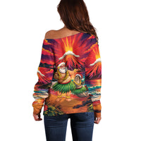 Hawaii Volcano Christmas Off Shoulder Sweater Hula Santa And Monk Seal LT05 - Polynesian Pride