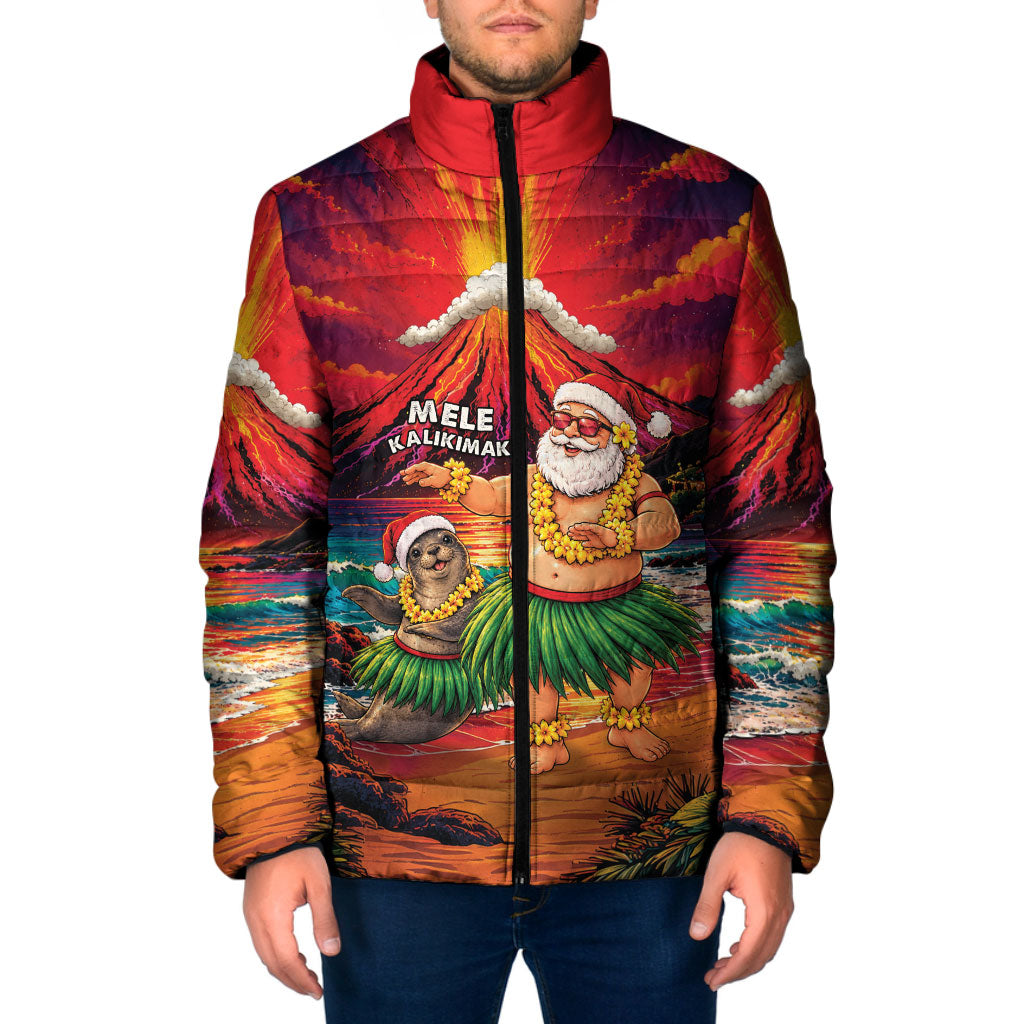 Hawaii Volcano Christmas Padded Jacket Hula Santa And Monk Seal LT05 Men Multicolor - Polynesian Pride