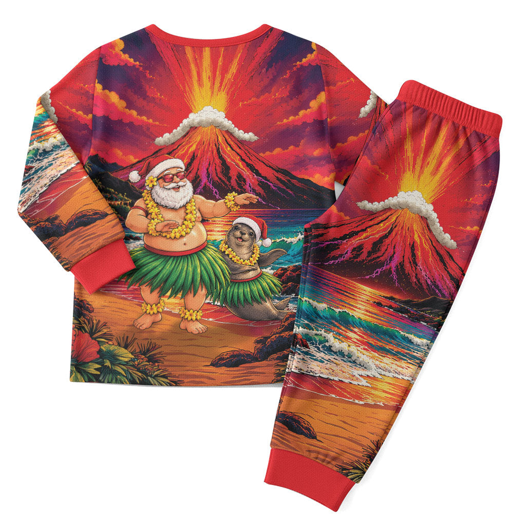 Hawaii Volcano Christmas Pajama Set Hula Santa And Monk Seal LT05 - Polynesian Pride