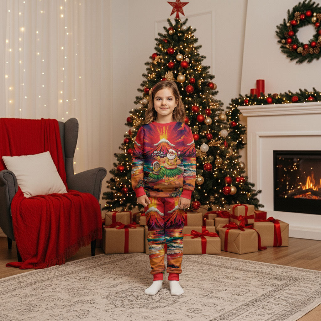Hawaii Volcano Christmas Pajama Set Hula Santa And Monk Seal LT05 Kid Multicolor - Polynesian Pride