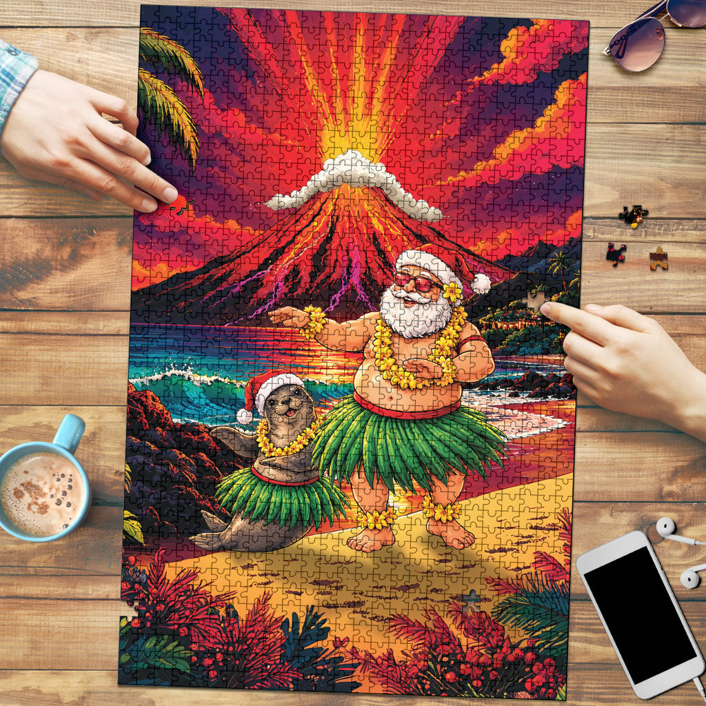 Hawaii Volcano Christmas Puzzle Hula Santa And Monk Seal LT05 Multicolor - Polynesian Pride