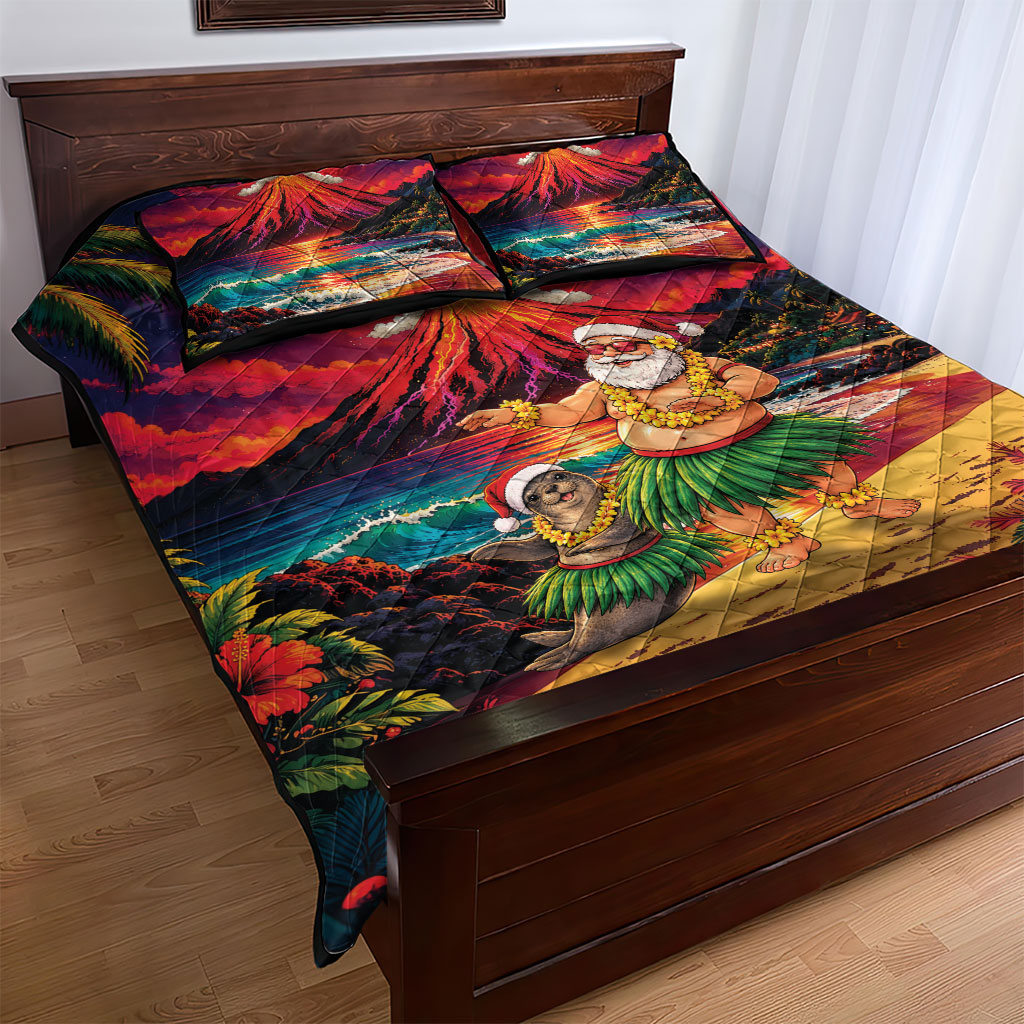 Hawaii Volcano Christmas Quilt Bed Set Hula Santa And Monk Seal LT05 - Polynesian Pride
