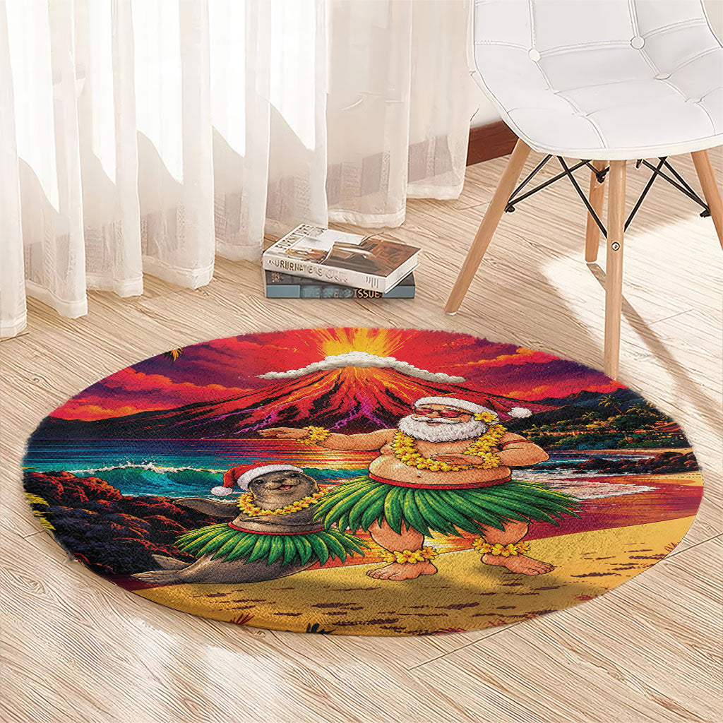 Hawaii Volcano Christmas Round Carpet Hula Santa And Monk Seal LT05 - Polynesian Pride