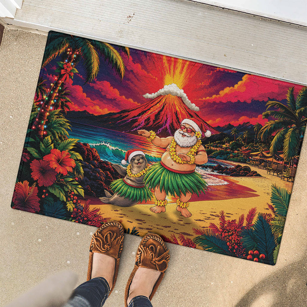 Hawaii Volcano Christmas Rubber Doormat Hula Santa And Monk Seal LT05 - Polynesian Pride