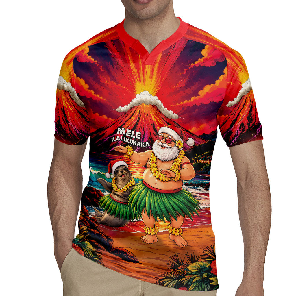 Hawaii Volcano Christmas Rugby Jersey Hula Santa And Monk Seal LT05 - Polynesian Pride