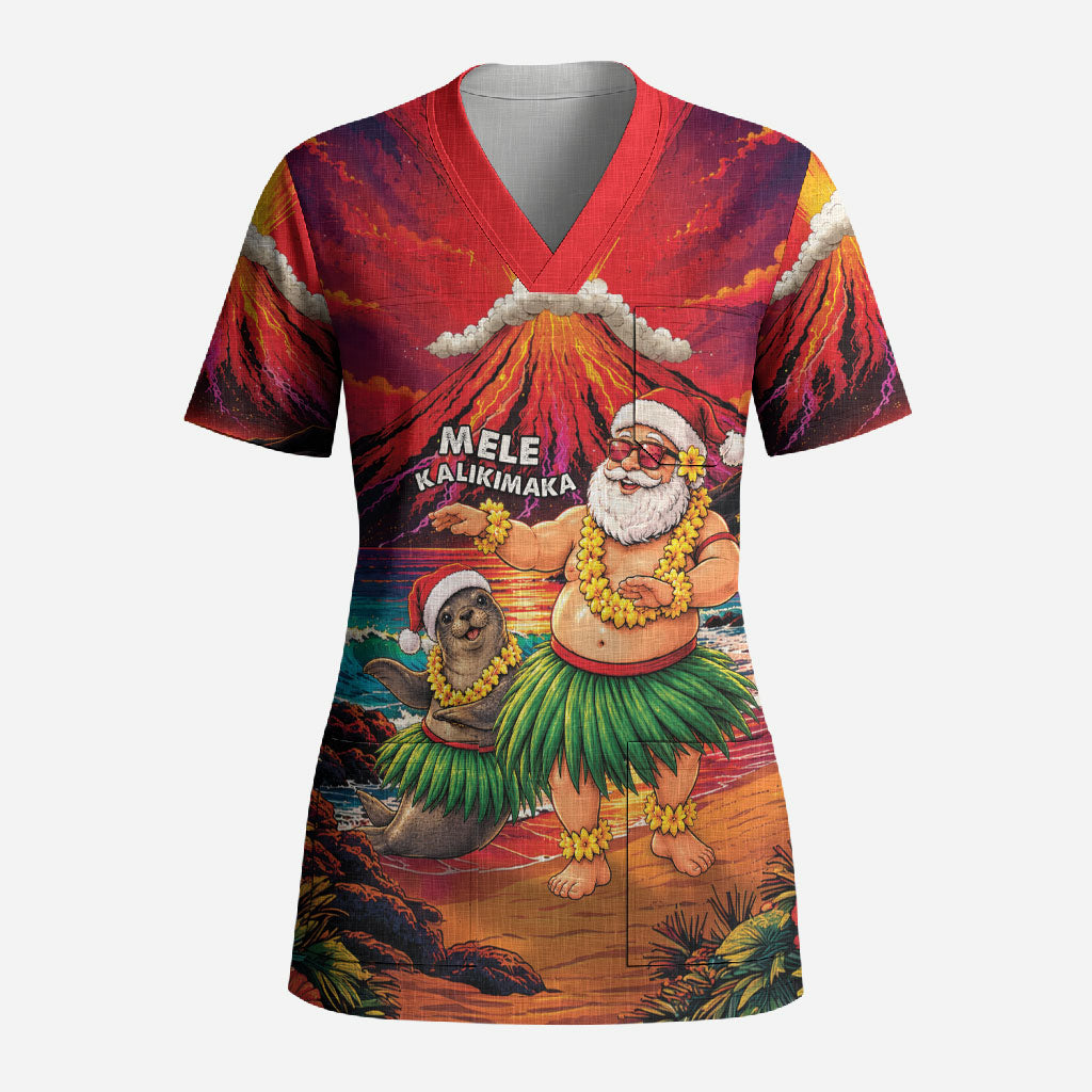 Hawaii Volcano Christmas Scrub Top Hula Santa And Monk Seal