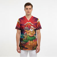 Hawaii Volcano Christmas Scrub Top Hula Santa And Monk Seal