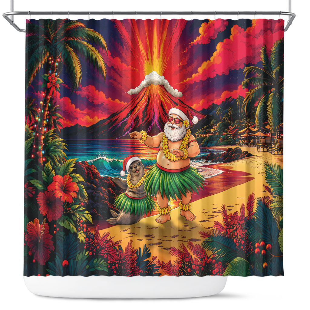 Hawaii Volcano Christmas Shower Curtain Hula Santa And Monk Seal LT05 Multicolor - Polynesian Pride