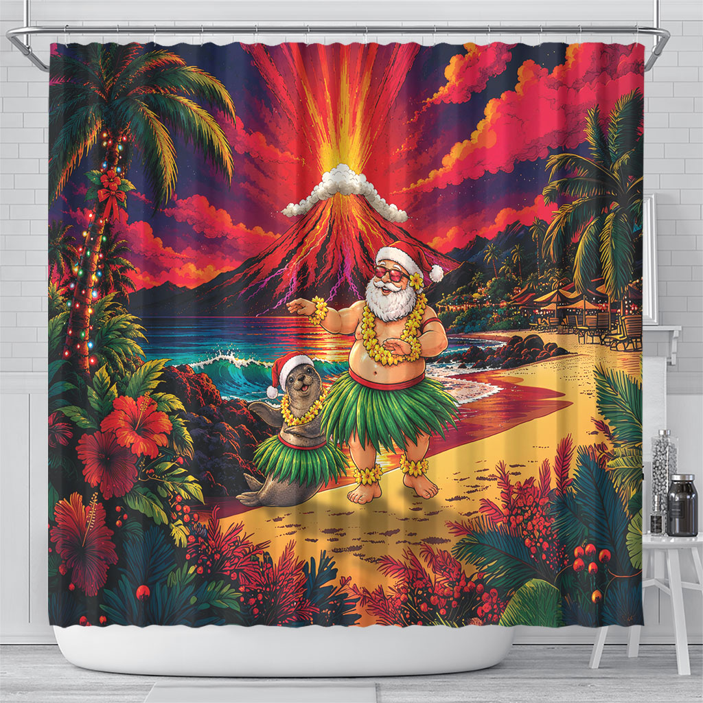 Hawaii Volcano Christmas Shower Curtain Hula Santa And Monk Seal LT05 - Polynesian Pride